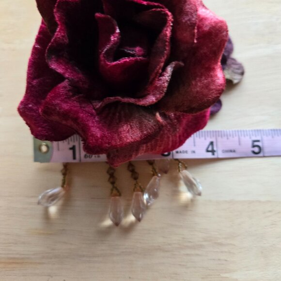 Handmade Red Velvet Millinery Rose and Beaded Fringe Hair Comb 1920s-Style - Picture 10 of 10
